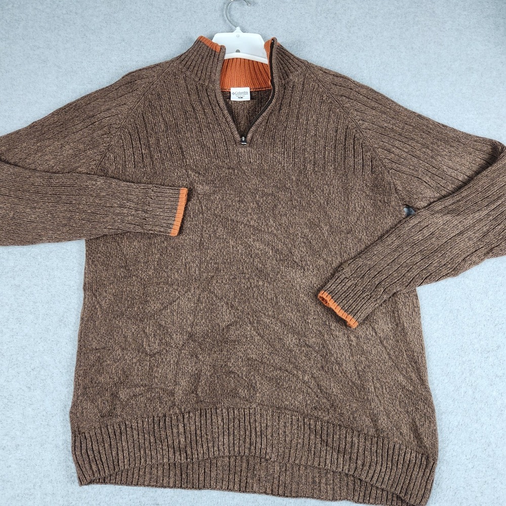 Columbia Sweater Mens Large Brown Cotton 1/4 Zip High Neck Pullover Casual